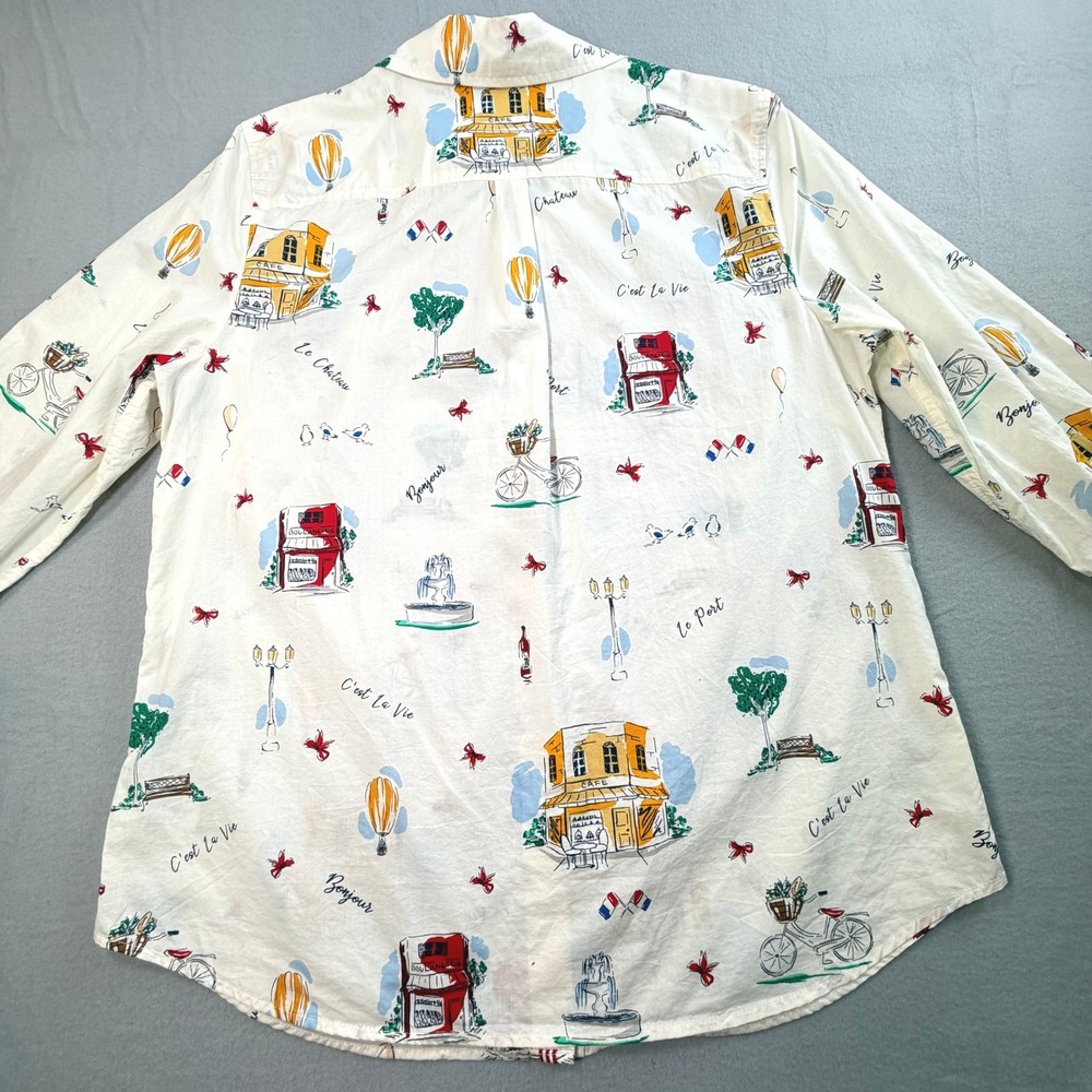 Talbots Womens White Button Down Sz L French Novelty C'est La Vie Whimsical - Picture 3 of 13
